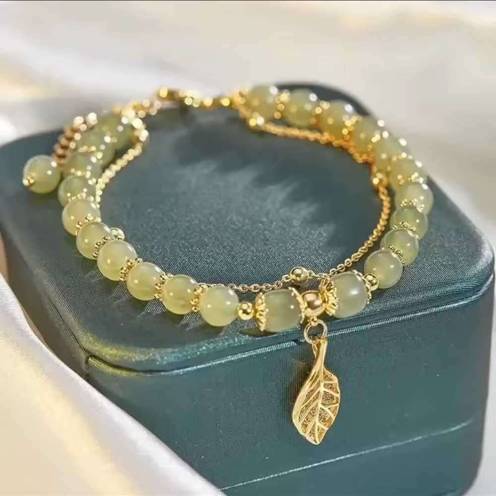 Gold and Green Beaded Bracelet jade with Leaf Charm